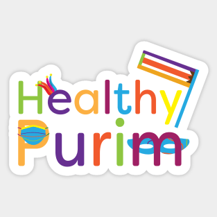 Colorful healthy Purim greeting with grogger, mask, clown hat and face mask Sticker